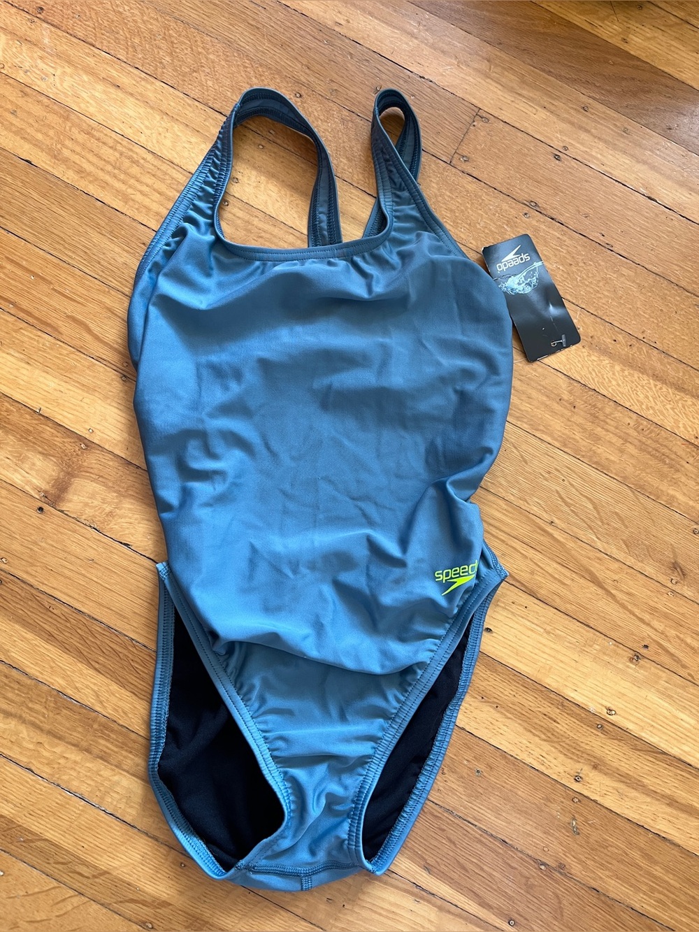 New Speedo Pro LT athletic one piece swimsuit t-back high legs
Slate grey blue 6